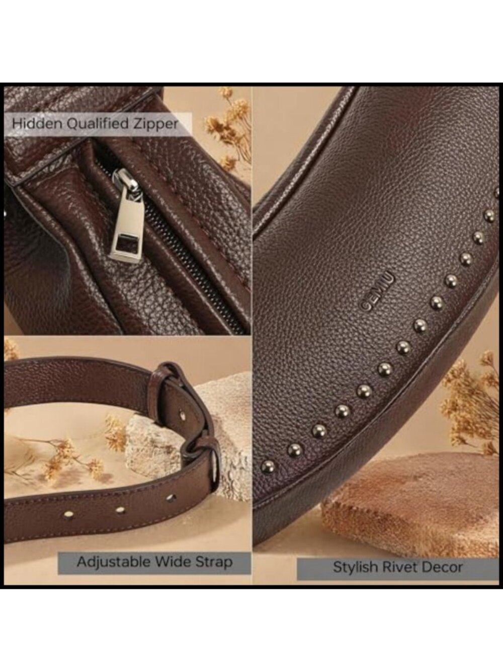 PU Leather Crescent Crossbody Bag Small Studded Sling Purse Adjustable Strap - Picture 4 of 5